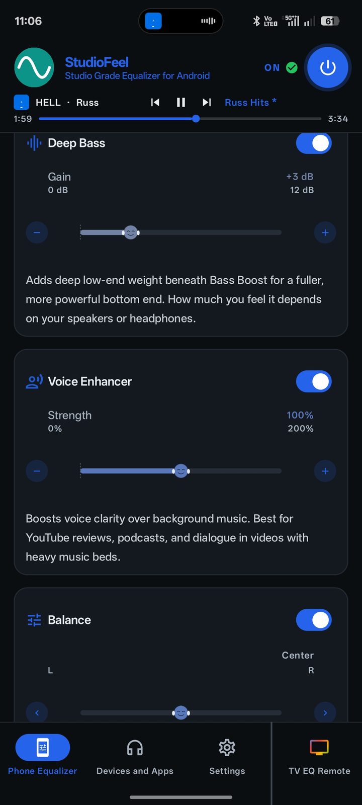 Deep Bass, Voice Enhancer and Balance cards on the phone