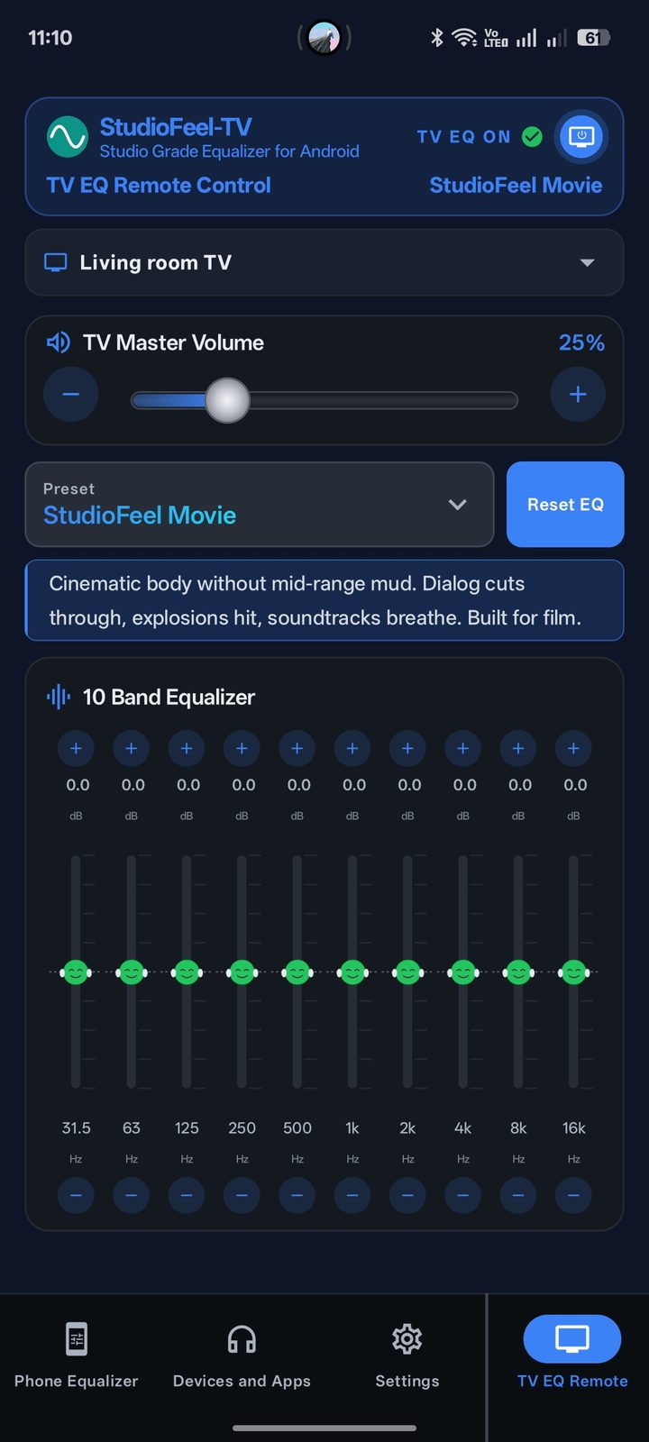TV EQ Remote on the phone: TV master volume, preset picker and ten-band EQ for the connected TV
