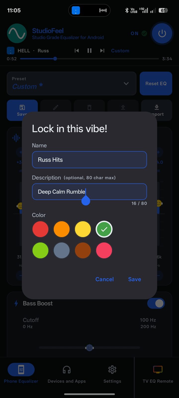Lock in this vibe dialog: name, note and colour swatches for saving a custom preset