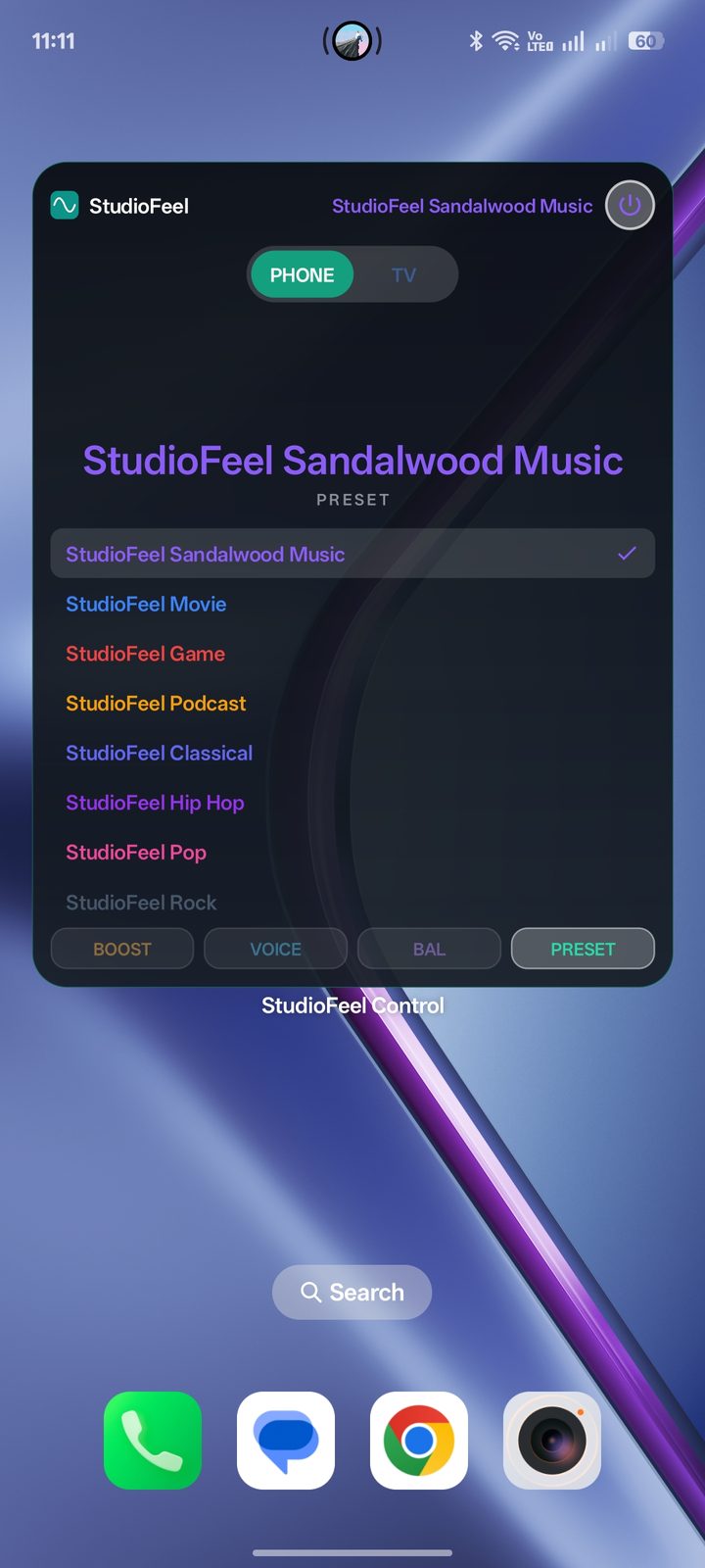 StudioFeel Control widget on the home screen in PHONE mode with the preset list