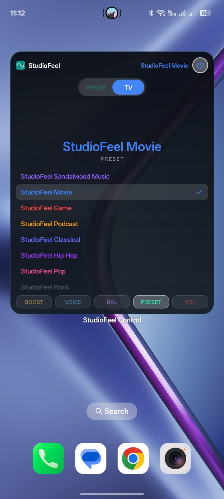 StudioFeel Control widget in TV mode controlling the television's presets and volume